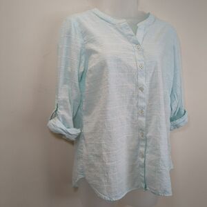 Talbots women's petite long sleeve button up blue and white blouse, size LP